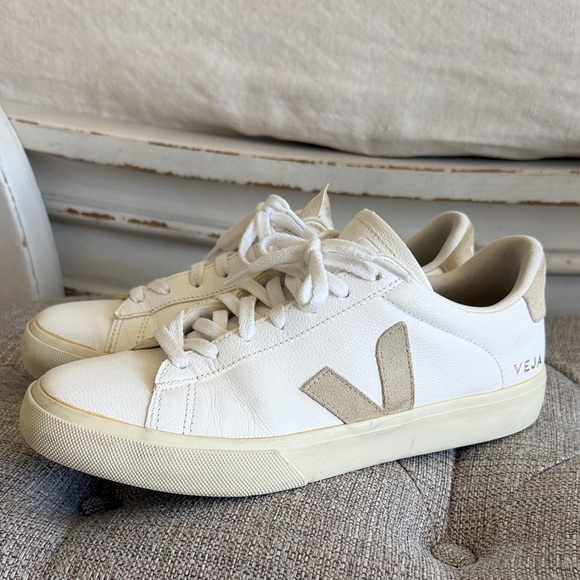 Veja White Leather Sneakers with Beige Suede V Detail - Picture 6 of 6
